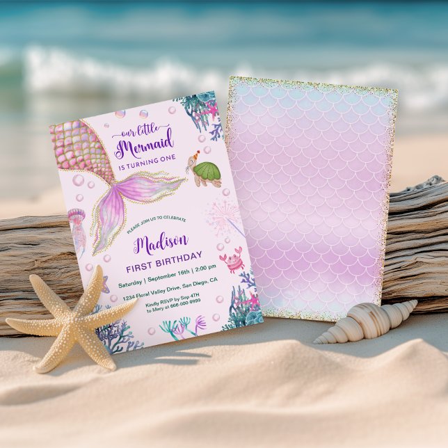 Mermaid Under The Sea 1st Birthday Party Invitation (Little mermaid 1st birhtday party invitation)