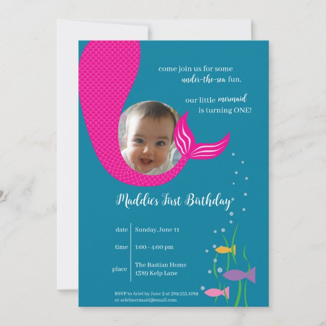 Mermaid Under the Sea 1st Birthday Party Invite (Front)