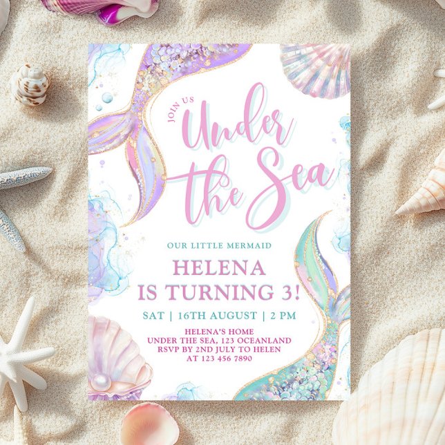Mermaid Under the Sea 3rd Birthday Girl Invitation (Creator Uploaded)