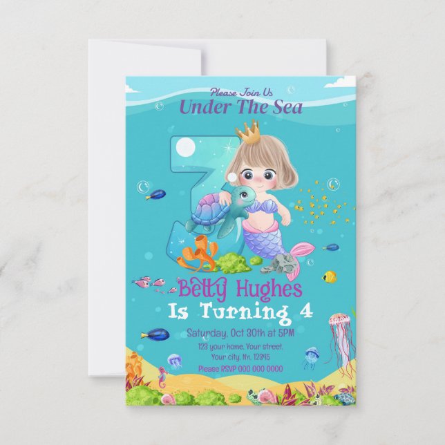 Mermaid Under The Sea 3rd Birthday Invitation (Front)