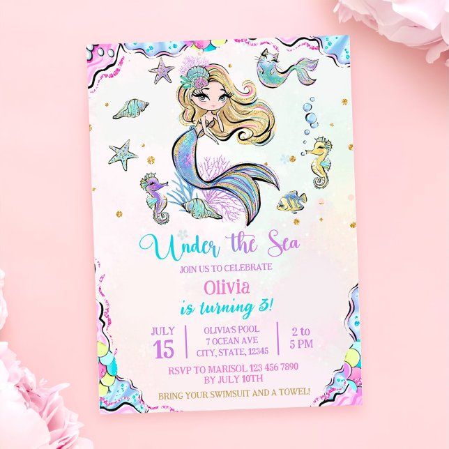 Mermaid Under The Sea 3rd Birthday Party Invitation (Creator Uploaded)
