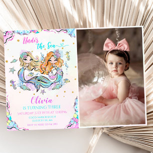 Mermaid Under The Sea 3rd Birthday Party Photo Invitation