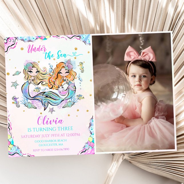 Mermaid Under The Sea 3rd Birthday Party Photo Invitation (Creator Uploaded)
