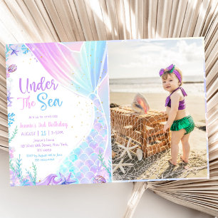 Mermaid Under The Sea 3rd Birthday Party Photo Invitation