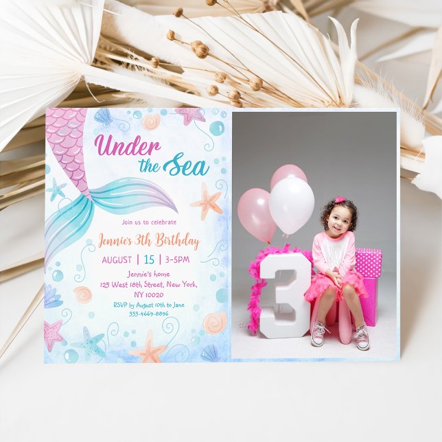Mermaid Under The Sea 3th Birthday Party Photo Invitation (Creator Uploaded)