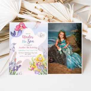 Mermaid Under The Sea 3th Birthday Party Photo Invitation