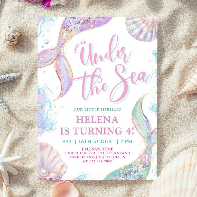 Mermaid Under the Sea 4th Birthday Girl Invitation (Creator Uploaded)