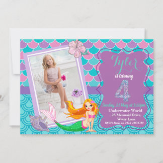 Mermaid Under the Sea 4th Birthday invitation