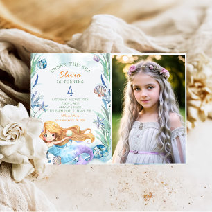 Mermaid Under The Sea 4th Birthday Party Photo Invitation