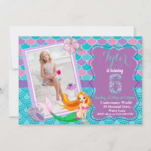 Mermaid Under the Sea 6th Birthday invitation