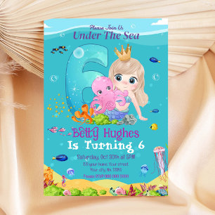 Mermaid Under The Sea 6th Birthday Invitation