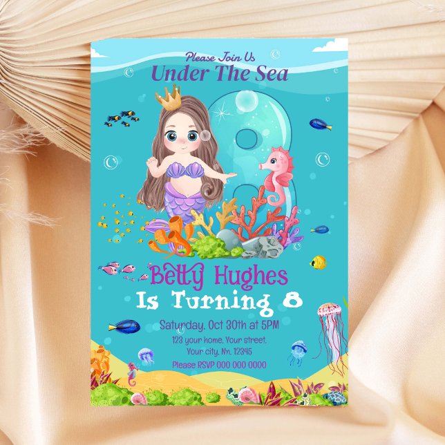 Mermaid Under The Sea 8th Birthday Invitation (Creator Uploaded)