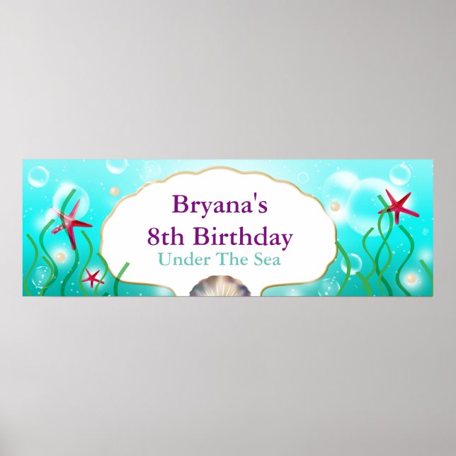 Mermaid Under The Sea Beach Birthday Party Banner Poster (Front)