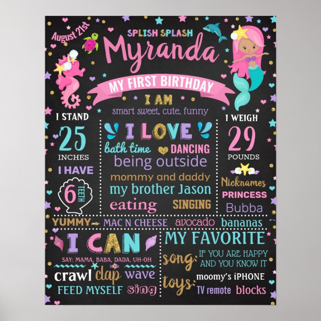 Mermaid Under the sea birthday chalkboard Poster (Front)