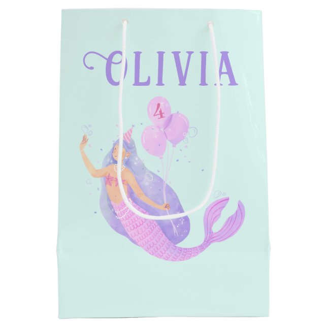Mermaid Under the Sea Birthday Girl Age Blue Medium Gift Bag (Back)