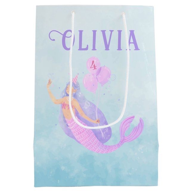Mermaid Under the Sea Birthday Girl Age Blue Medium Gift Bag (Back)