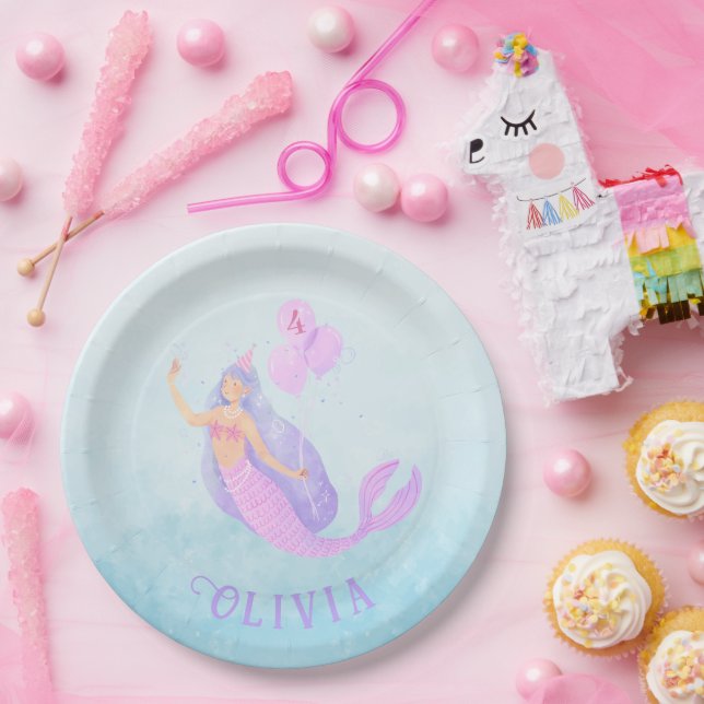 Mermaid Under the Sea Birthday Girl Age Blue Paper Plate (Party)