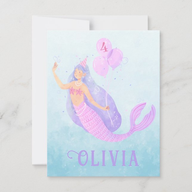 Mermaid Under the Sea Birthday Girl Age Blue Party RSVP Card (Front)