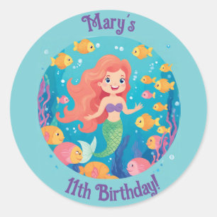 Mermaid Under the Sea Birthday Name and Age Classic Round Sticker