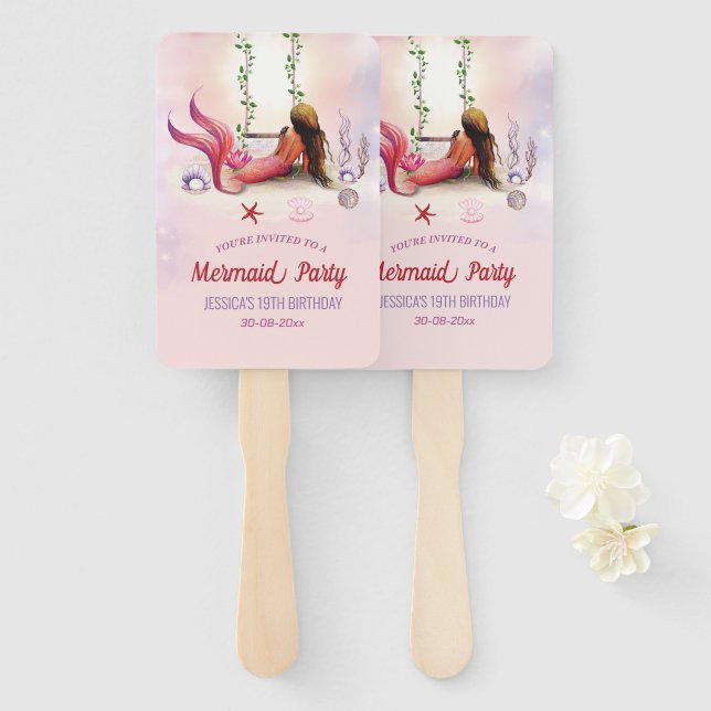 Mermaid Under The Sea Birthday Party Hand Fan (Front and Back)