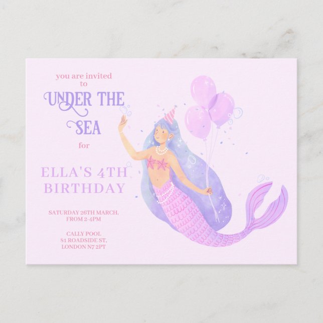 Mermaid Under the Sea Birthday Party Invitation Postcard (Front)