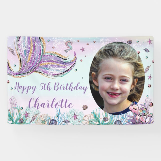 Mermaid Under the Sea Birthday Photo Backdrop Banner (Horizontal)