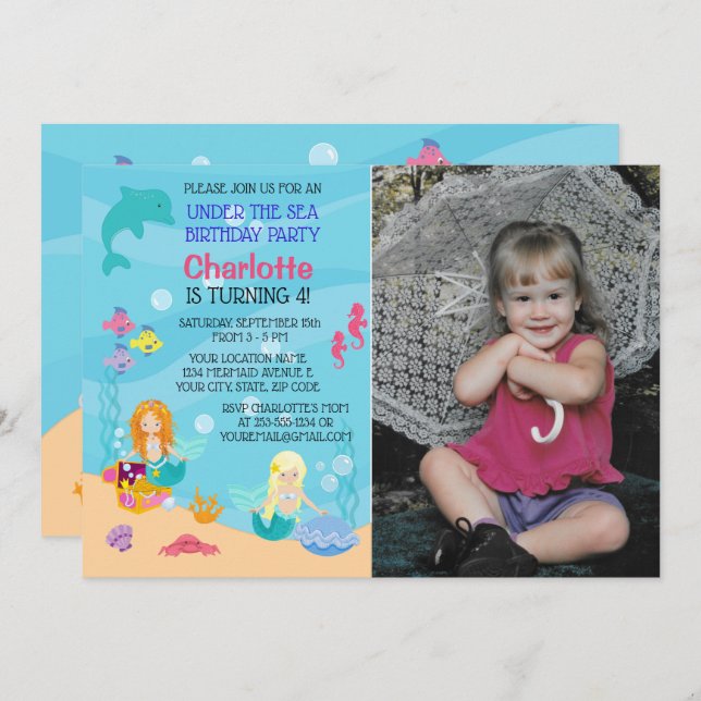 Mermaid Under the Sea Birthday Photo Invitation (Front/Back)
