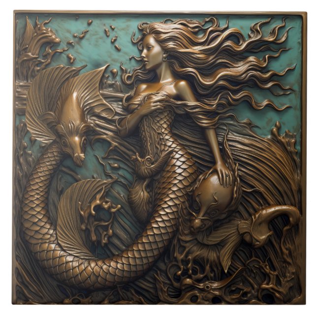 Mermaid Under The Sea Bronze 3D Effect Marine Ceramic Tile (Front)