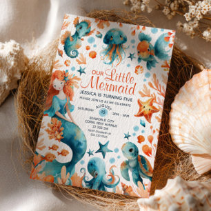 Mermaid Under The Sea Cartoon Girl Kids' Birthday  Invitation