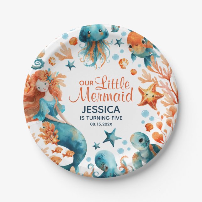 Mermaid Under The Sea Cartoon Girl Kids' Birthday  Paper Plate (Front)