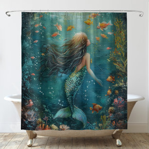 Mermaid Under The Sea Coastal Shower Curtain