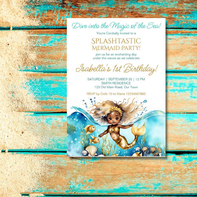 Mermaid under the sea cute African baby girl party Invitation (Mermaid under the sea birthday party template invitation cute African baby girl withg old  seashells)