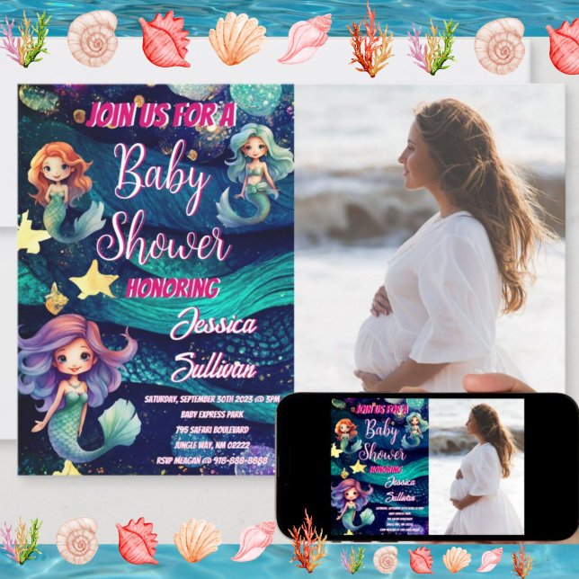 Mermaid Under The Sea Galaxy Photo Baby Shower     Invitation (Mermaid Ocean Galaxy Baby Shower Invitation)