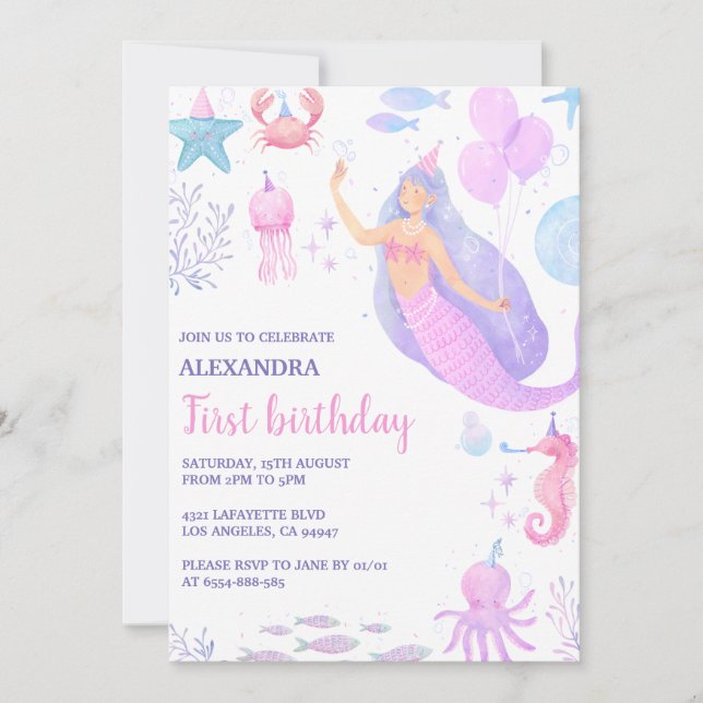 Mermaid Under the Sea Girl 1st Birthday Invitation (Front)