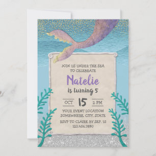 Mermaid Under the Sea Girl 5th Birthday Party Invitation