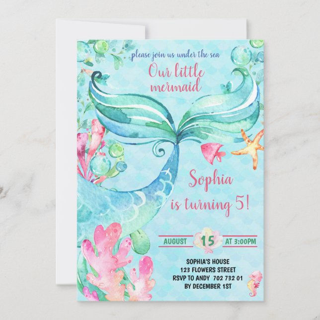 Mermaid Under the Sea Girl Birthday Party Invitation (Front)