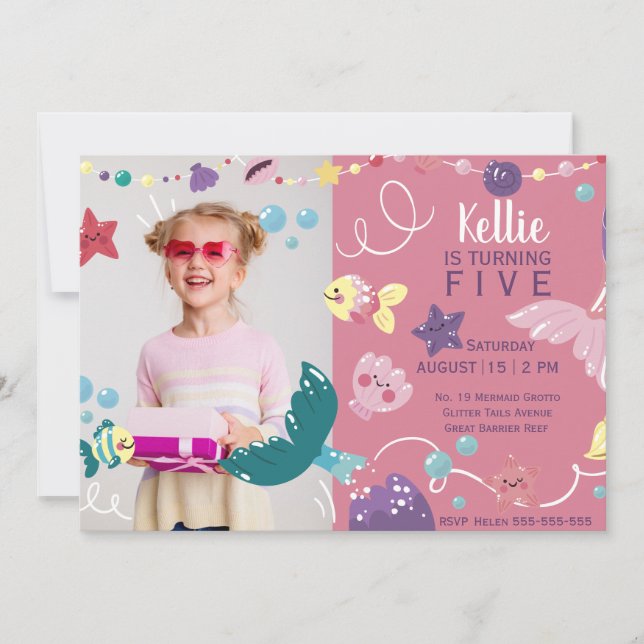 Mermaid Under The Sea Girls Birthday Photo Pink Invitation (Front)