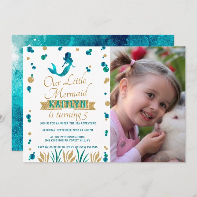 Mermaid Under The Sea Girls Photo Any Age Birthday Invitation (Front/Back)