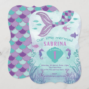 Mermaid, Under The Sea, Glitter, Tail, Girl Invitation