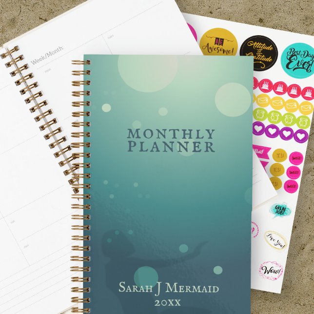 Mermaid Under the Sea Green Ocean Custom Planner (Add your name to this teal green mermaid planner )