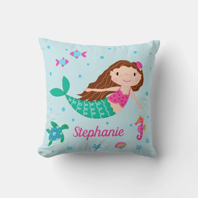 Mermaid Under The Sea Personalised Blue Cushion (Front)