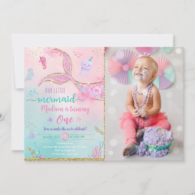 Mermaid Under The Sea Pink Gold Birthday Invitation (Front)