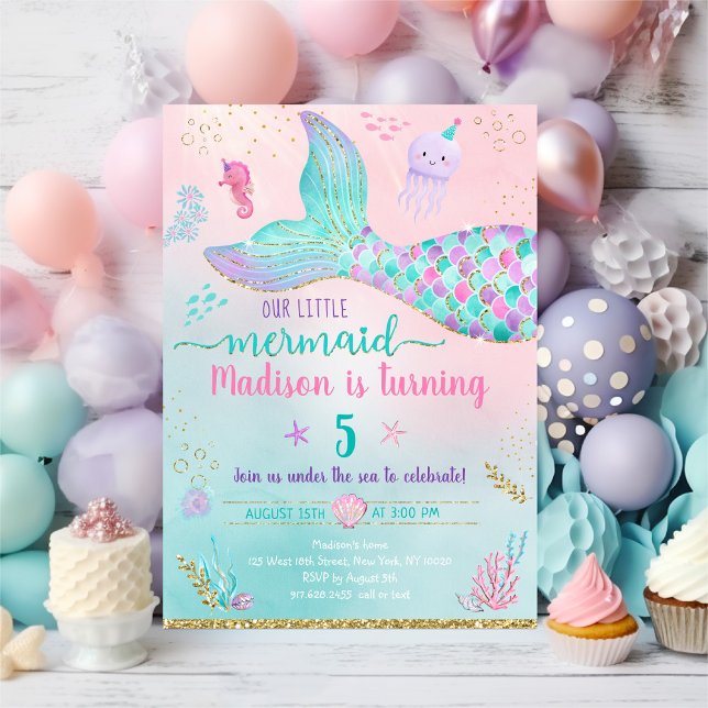 Mermaid Under The Sea Pink Gold Birthday Invitation (Creator Uploaded)