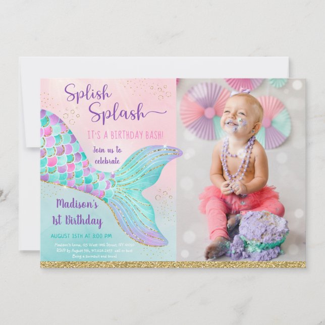 Mermaid Under The Sea Pink Gold Birthday Invitation (Front)