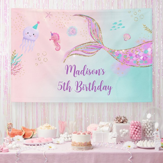 Mermaid Under the Sea Pink Purple Birthday Banner (Party)