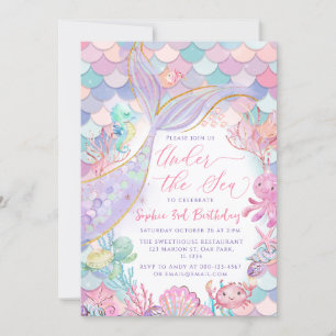 Mermaid Under the Sea Pink Purple Birthday Invitation
