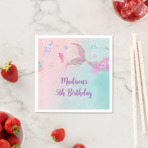 Mermaid Under the Sea Pink Purple Birthday Napkin