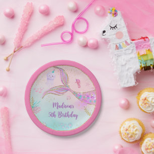 Mermaid Under the Sea Pink Purple Birthday Paper Plate