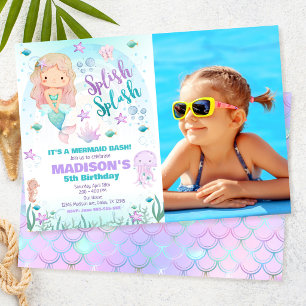 Mermaid Under the Sea Pool Party Birthday Photo Invitation