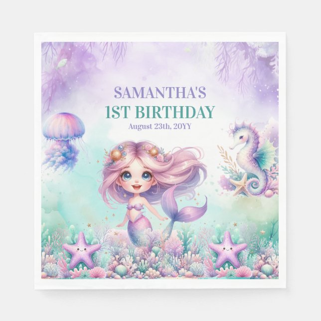 Mermaid Under the Sea purple and teal 1st birthday Napkin (Front)